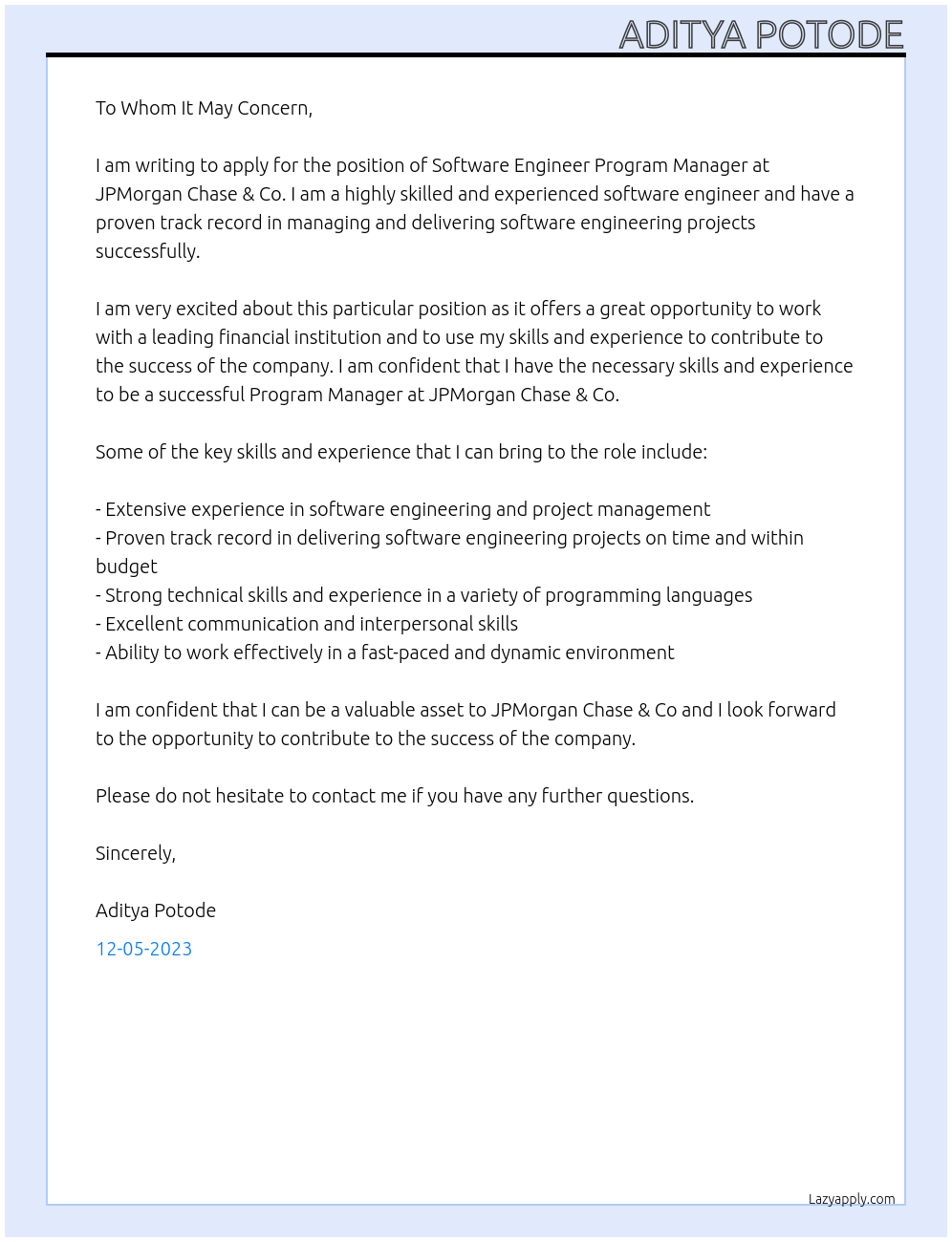 Software Engineer Program At JPMorgan Chase & Co Cover Letter