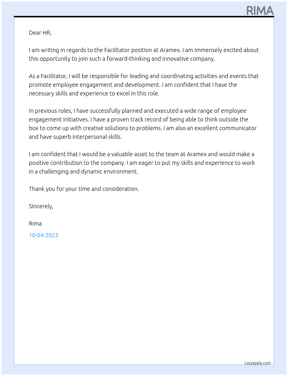 FAcilitator  At Aramex Cover Letter