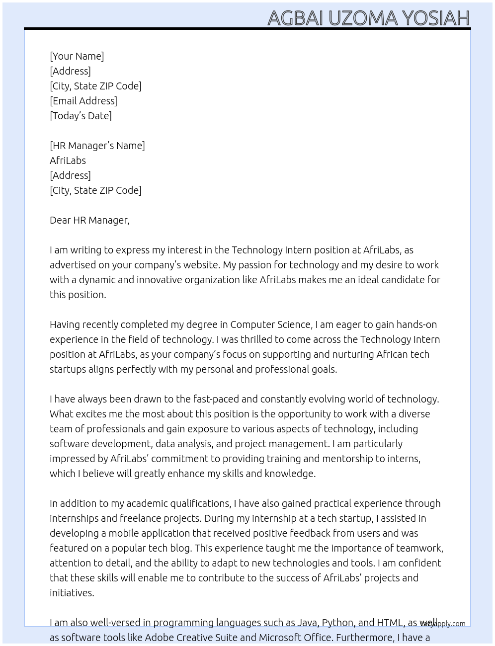 Technology Intern At AfriLabs Cover Letter