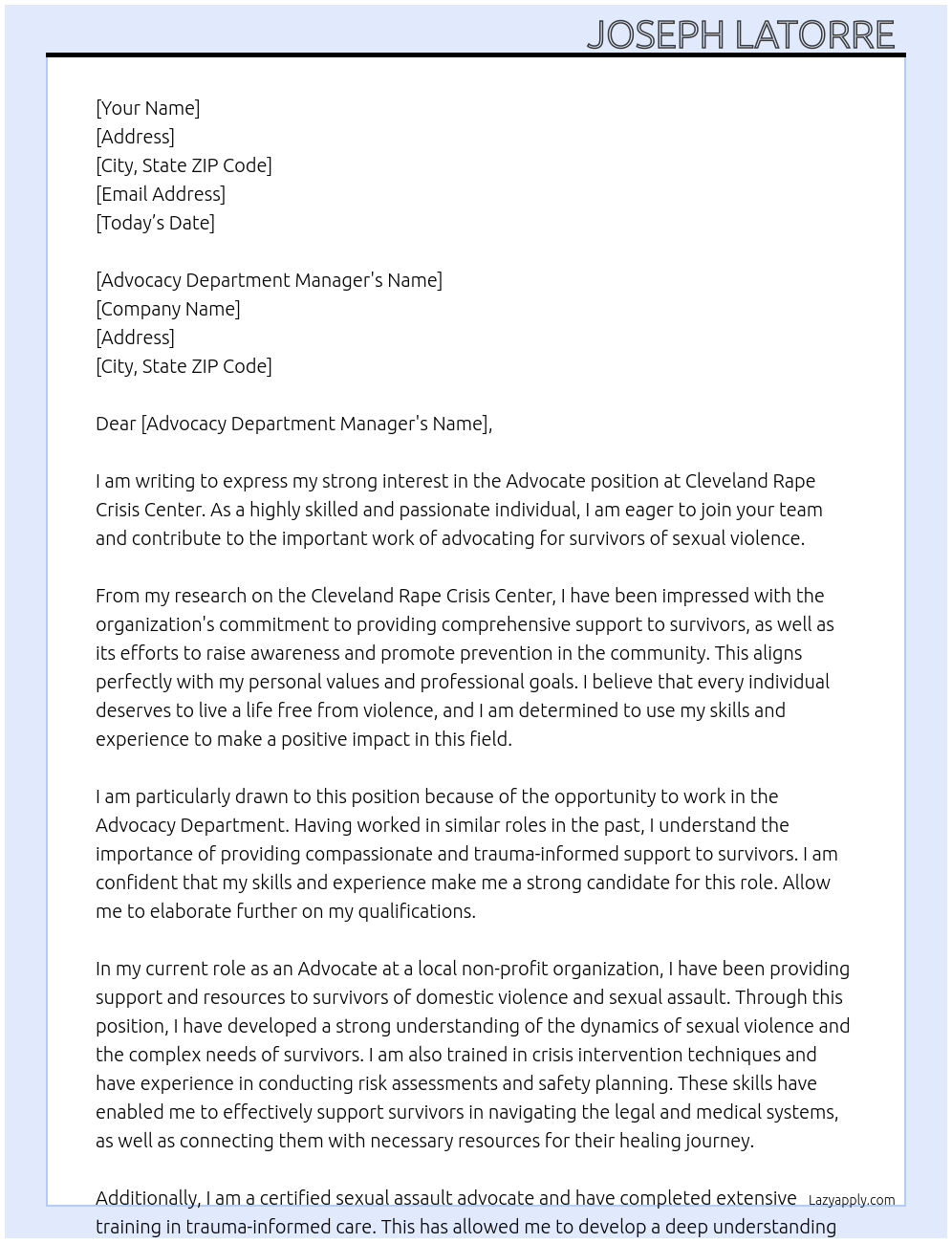 Advocate At Cleveland Rape Crisis Center Cover Letter