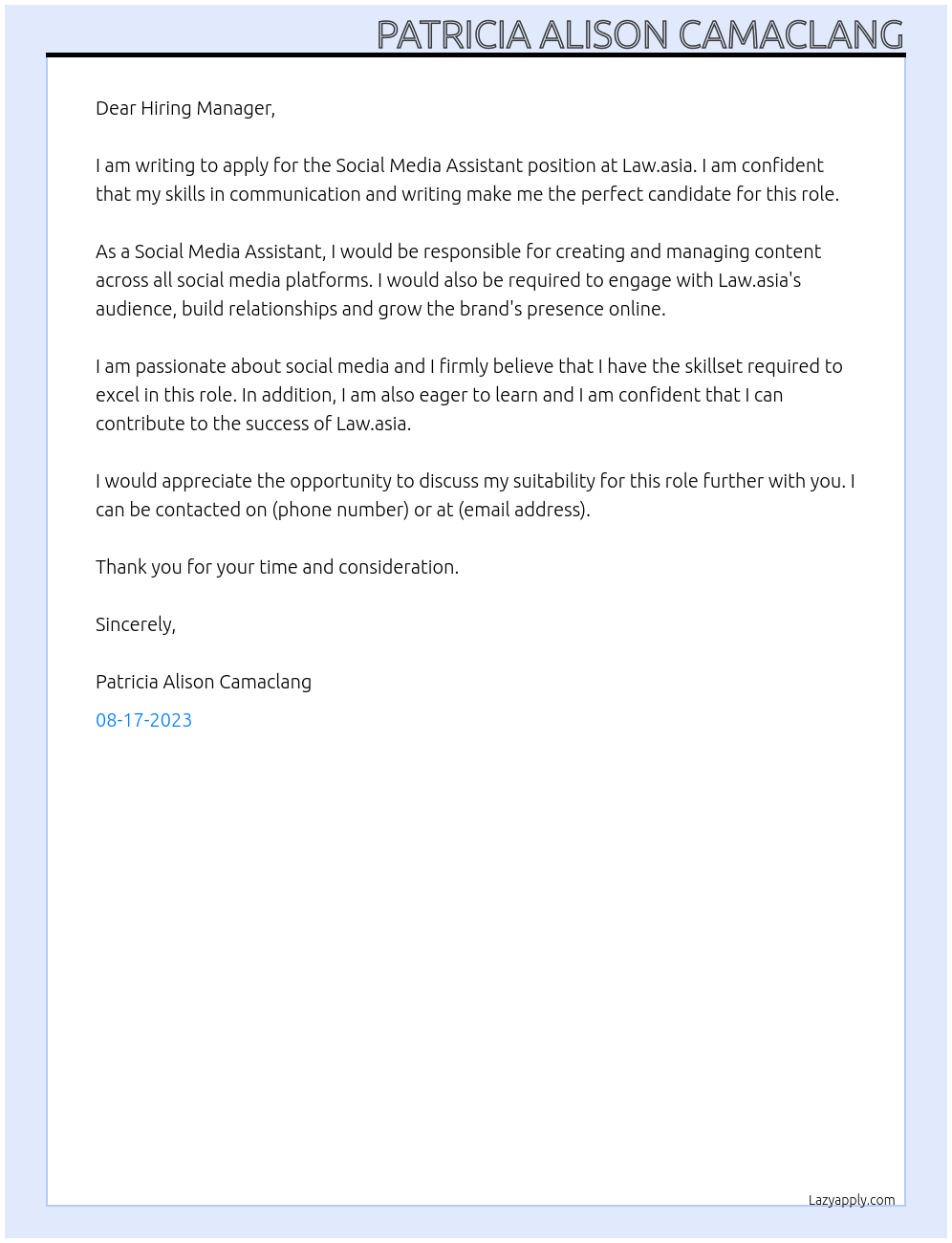 Social Media Assistant At Law.asia Cover Letter