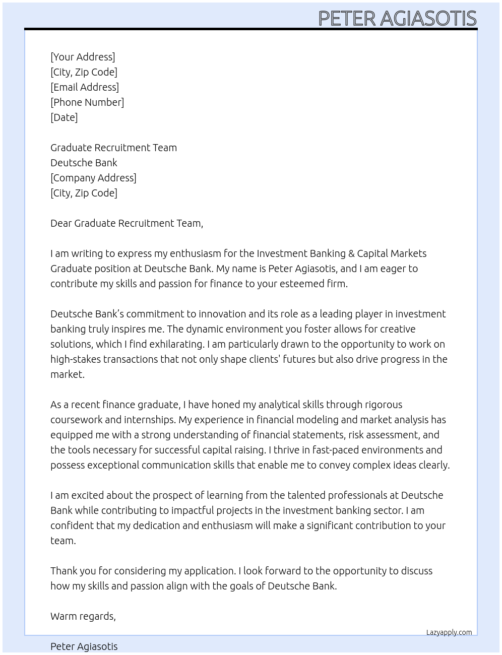 Investment Banking & Capital Markets Graduate At Deutsche Bank Cover Letter