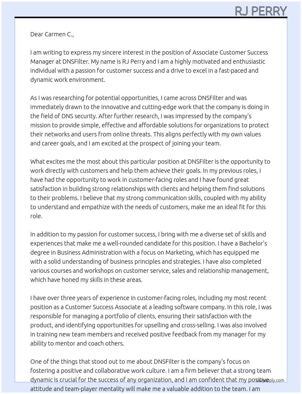 Associate Customer Success Manager At DNSFilter Cover Letter