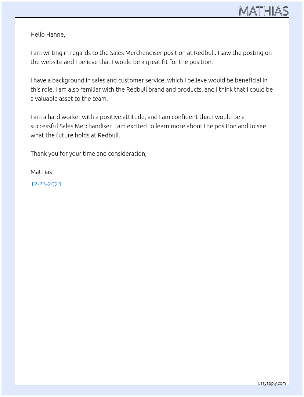 Sales Merchandiser At Redbull Cover Letter