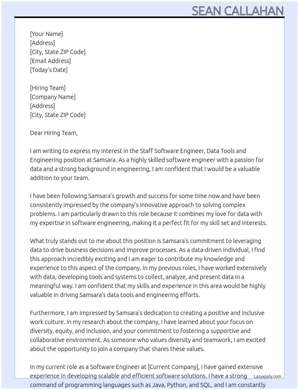 Staff Software Engineer, Data Tools and Engineering At Samsara Cover Letter