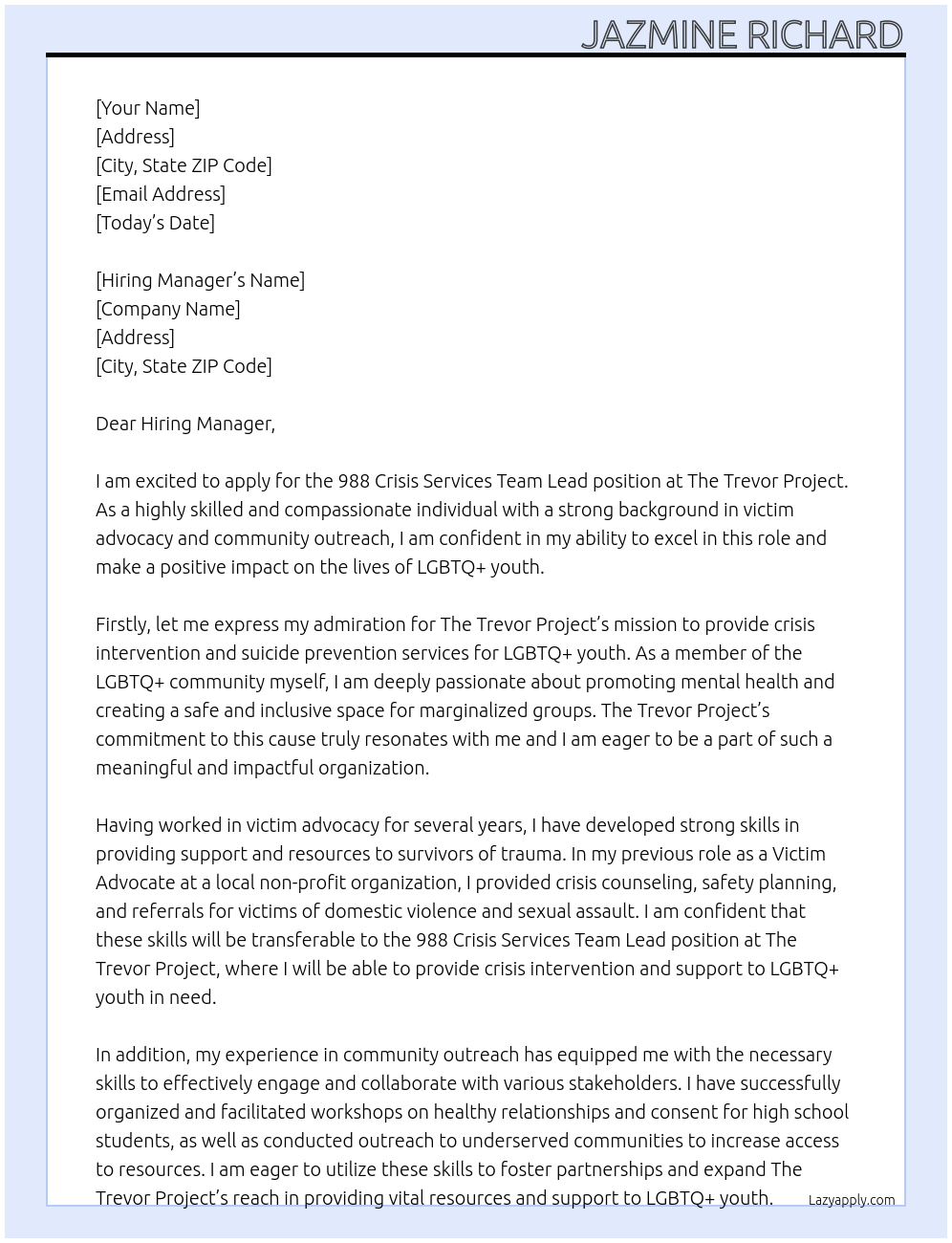 988 Crisis Services Team Lead At The Trevor Project Cover Letter