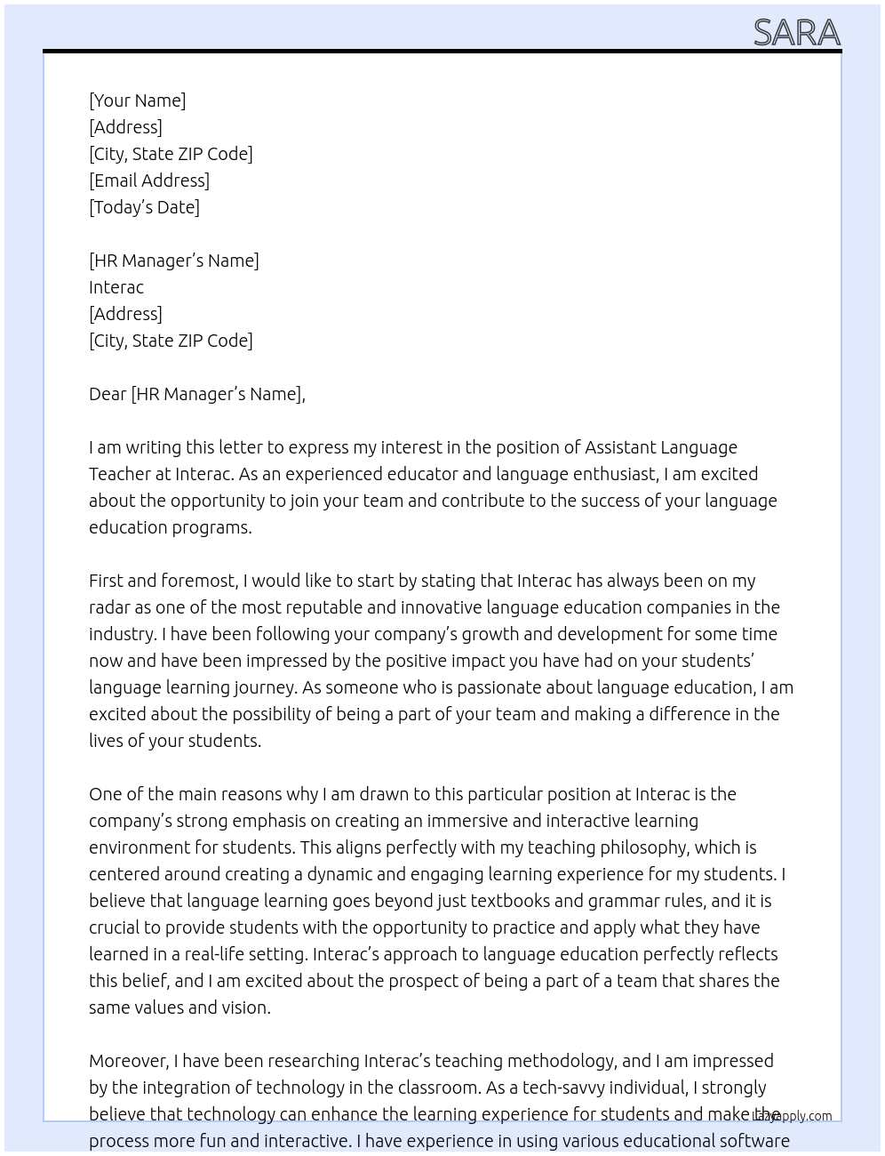 Assistant Language Teacher At Interac Cover Letter