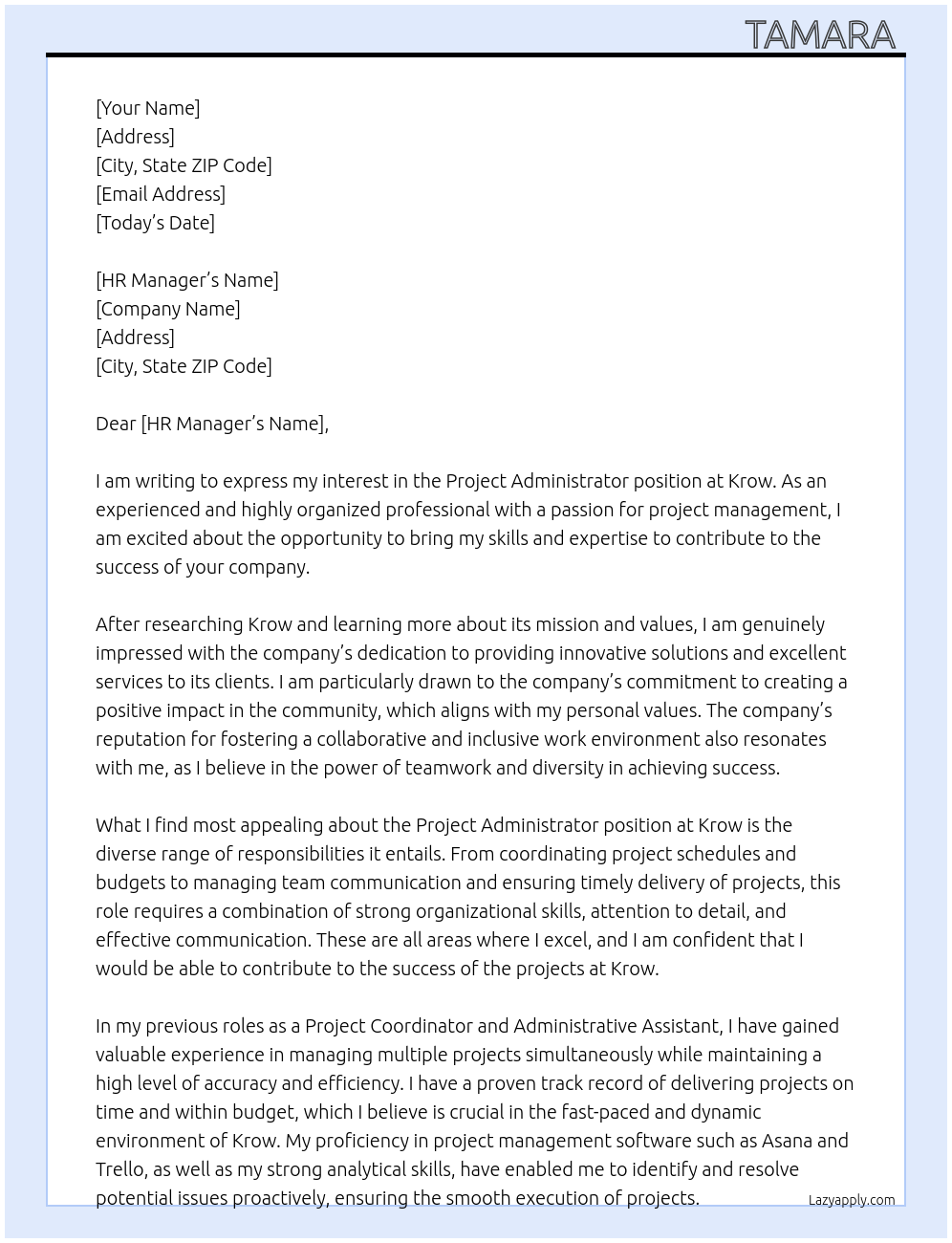 Project Administrator At Krow Cover Letter