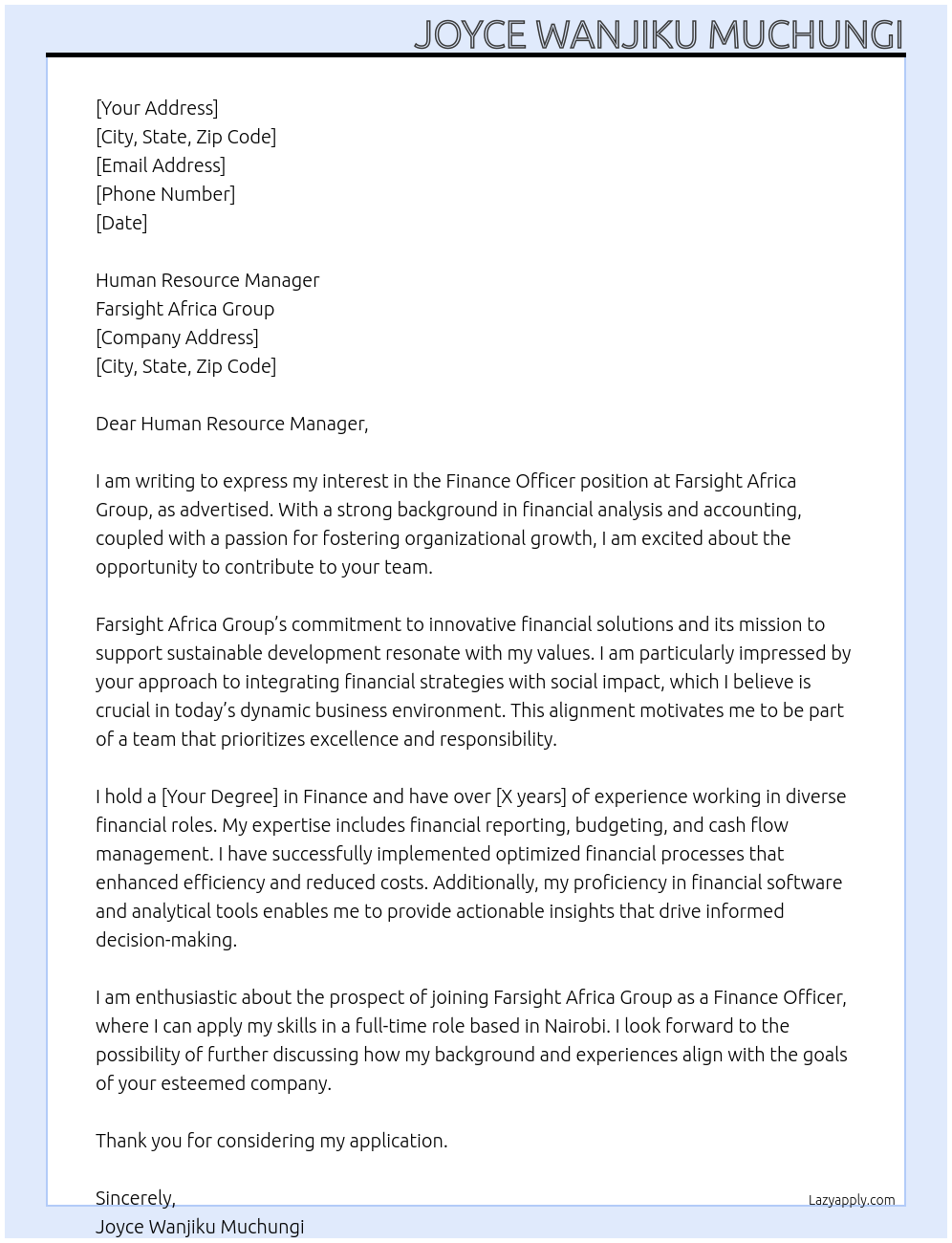 Cover letter for finance officer - LazyApply