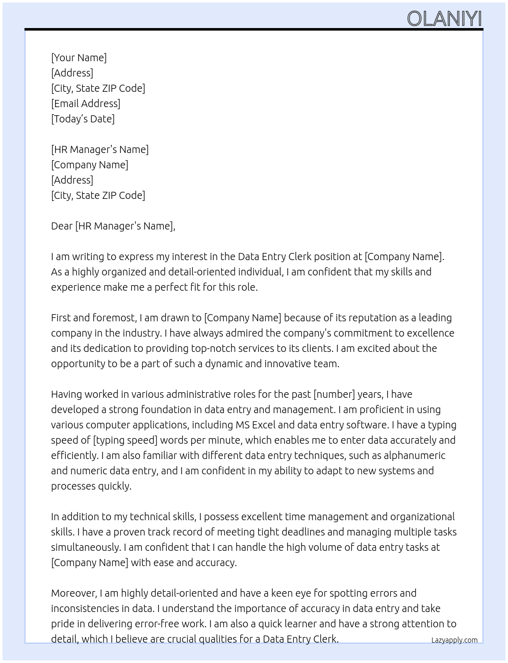 Data Entry Clerk At Compnay Cover Letter