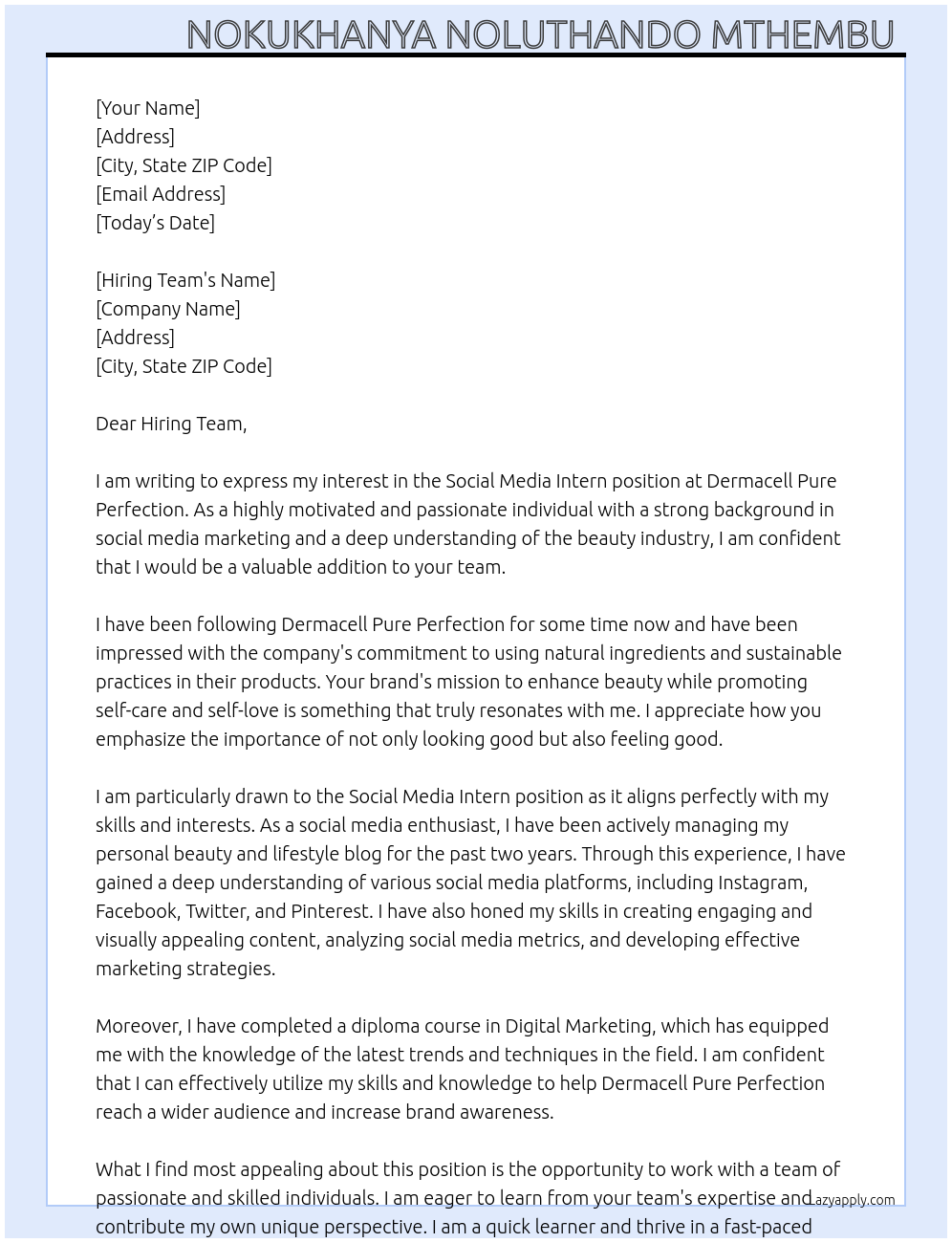 Social Media Intern At Dermacell Pure Perfection Cover Letter