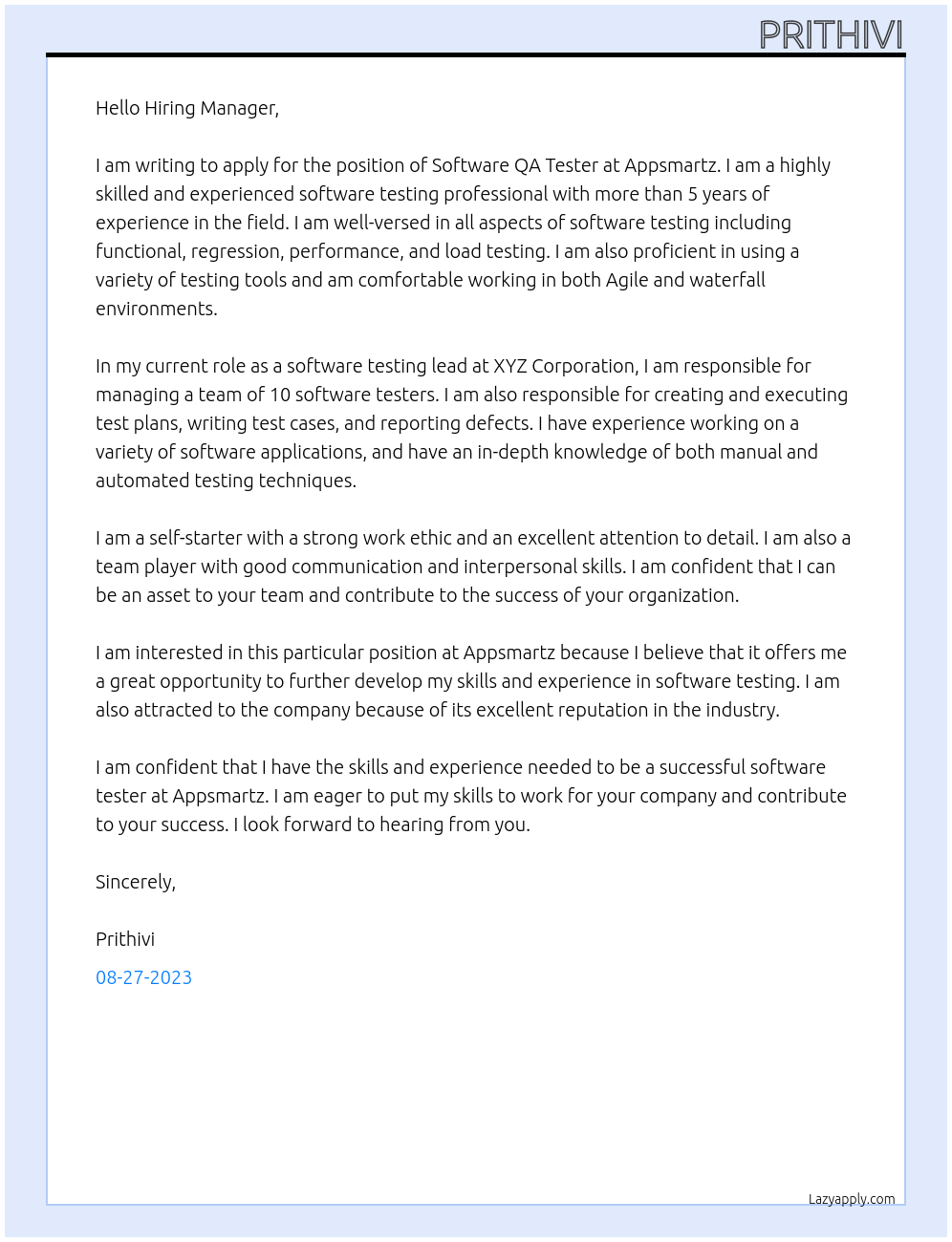 Software QA Tester At Appsmartz Cover Letter