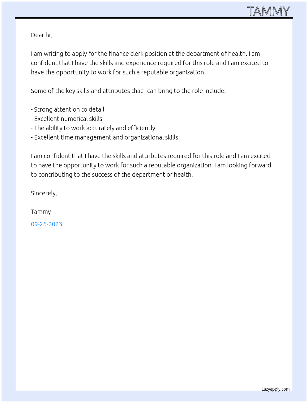 finance clerk At department of health Cover Letter