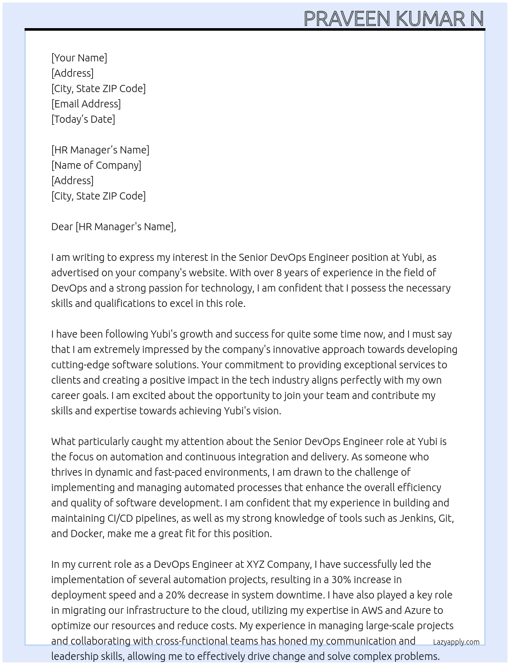 Sr. DevOps Engineer At Yubi Cover Letter