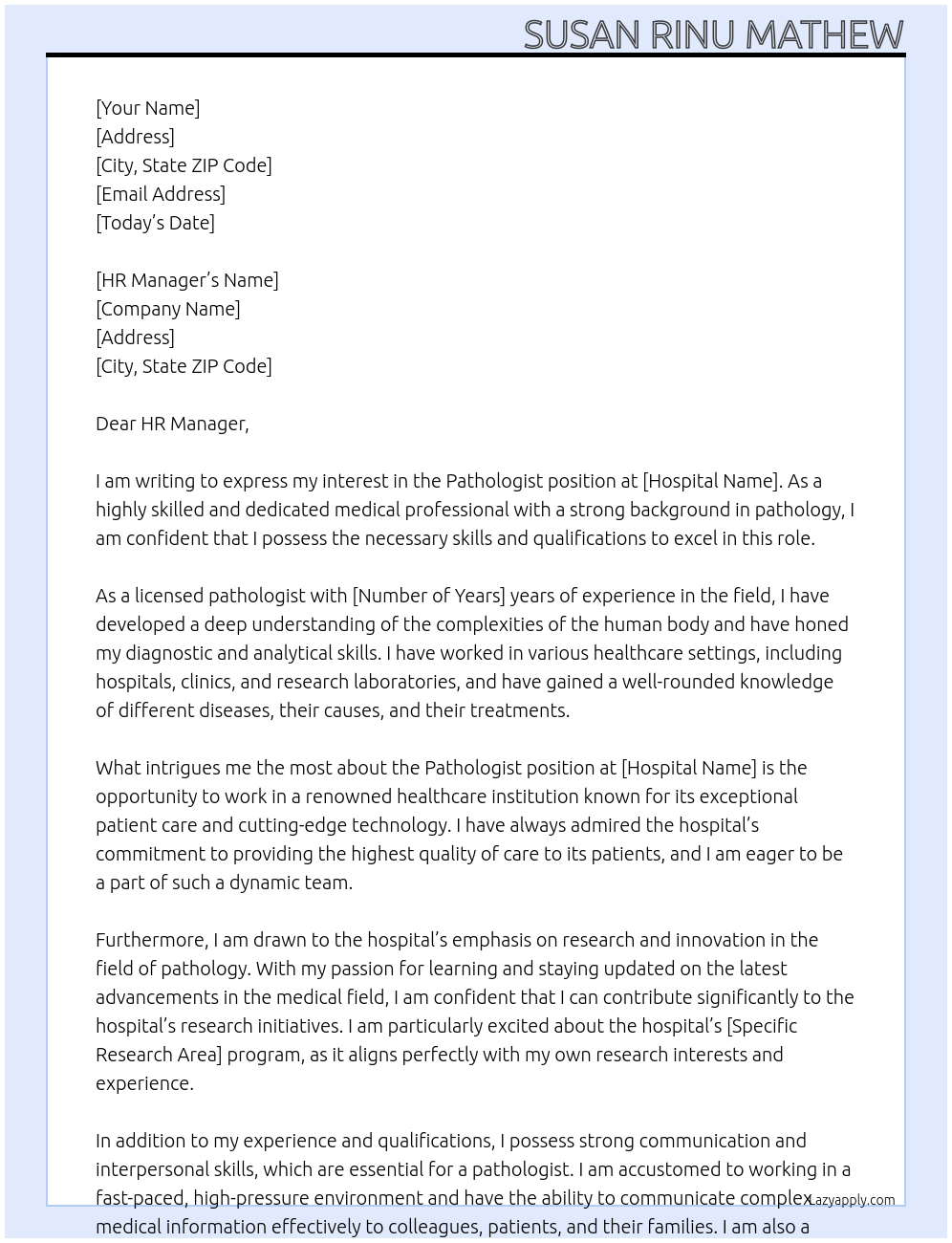 Pathologist At hospital Cover Letter