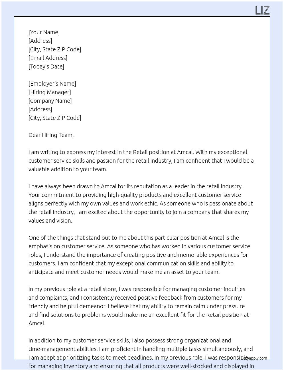 retail At amcal Cover Letter