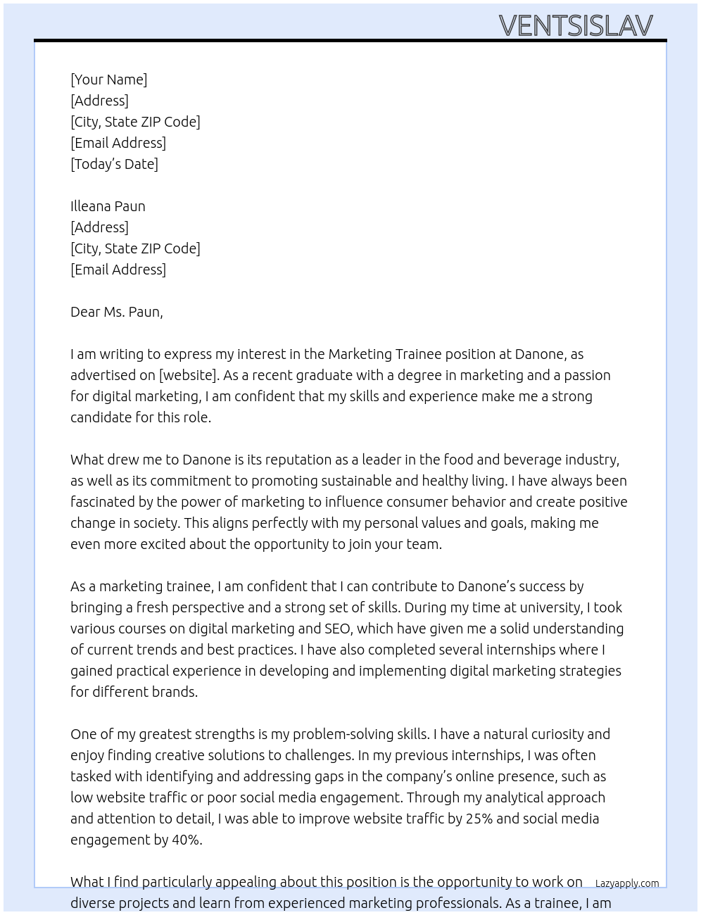 Marketing Trainee  At Danone Cover Letter