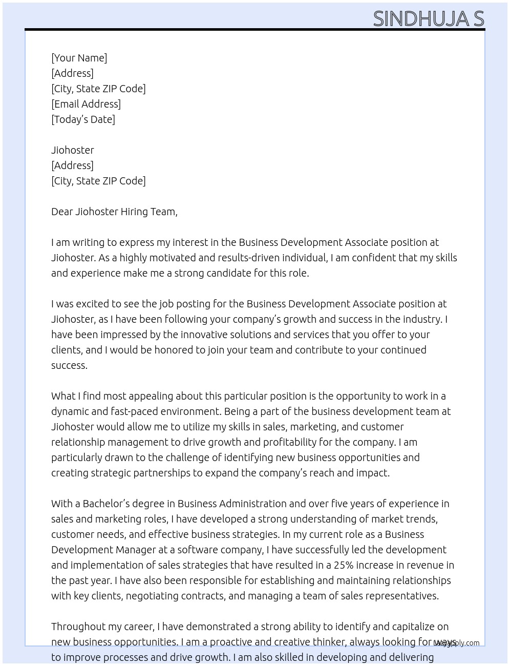 Business development associate At Jiohster Cover Letter