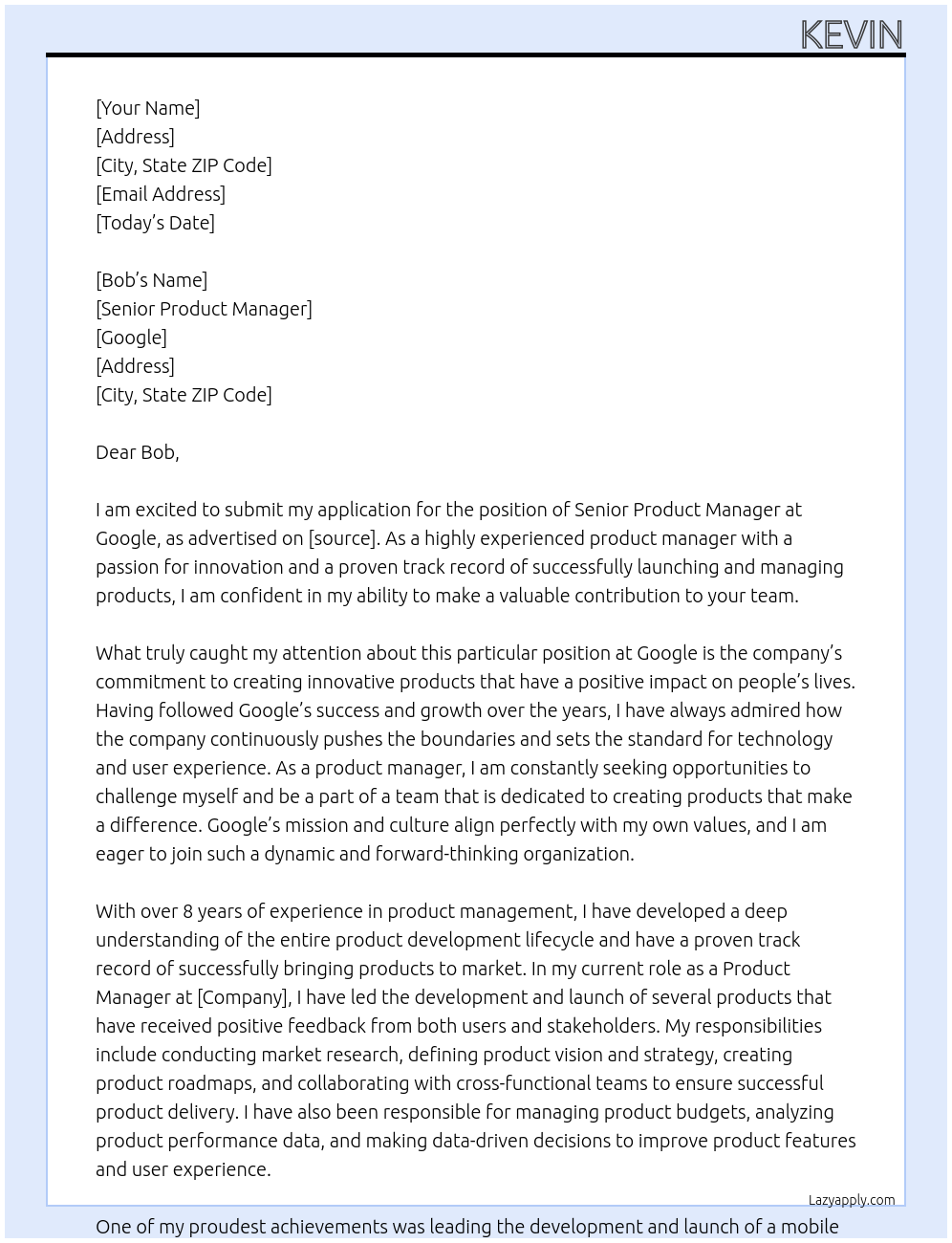 Senior Product Manager At Google Cover Letter