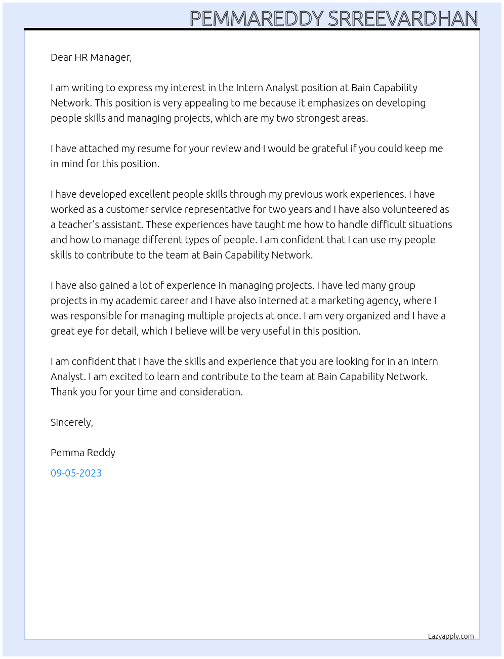 Intern Analyst At Bain Capability Network Cover Letter