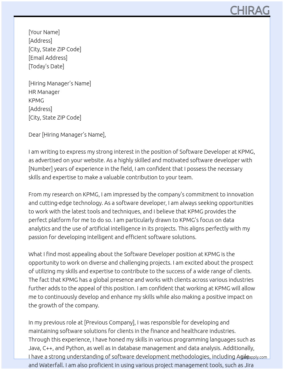 software devloper At KPMG Cover Letter