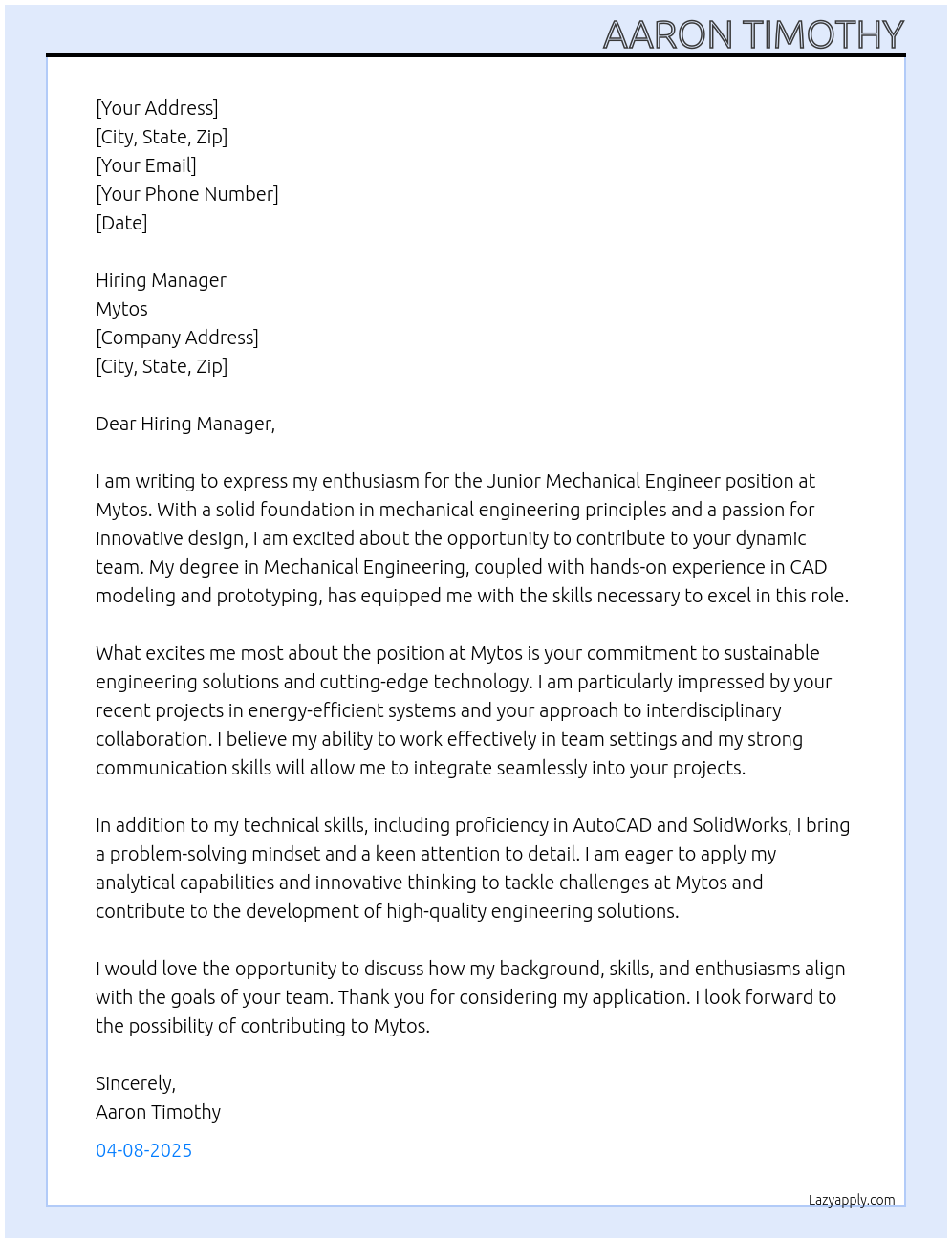 Cover letter for junior mechanical engineer - LazyApply