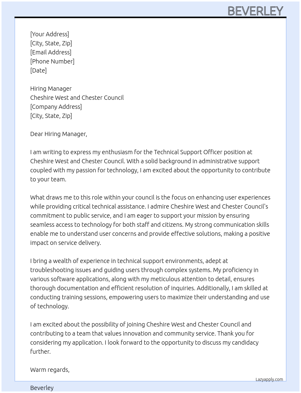 Technical support officer At Cheshire west and Chester council Cover Letter