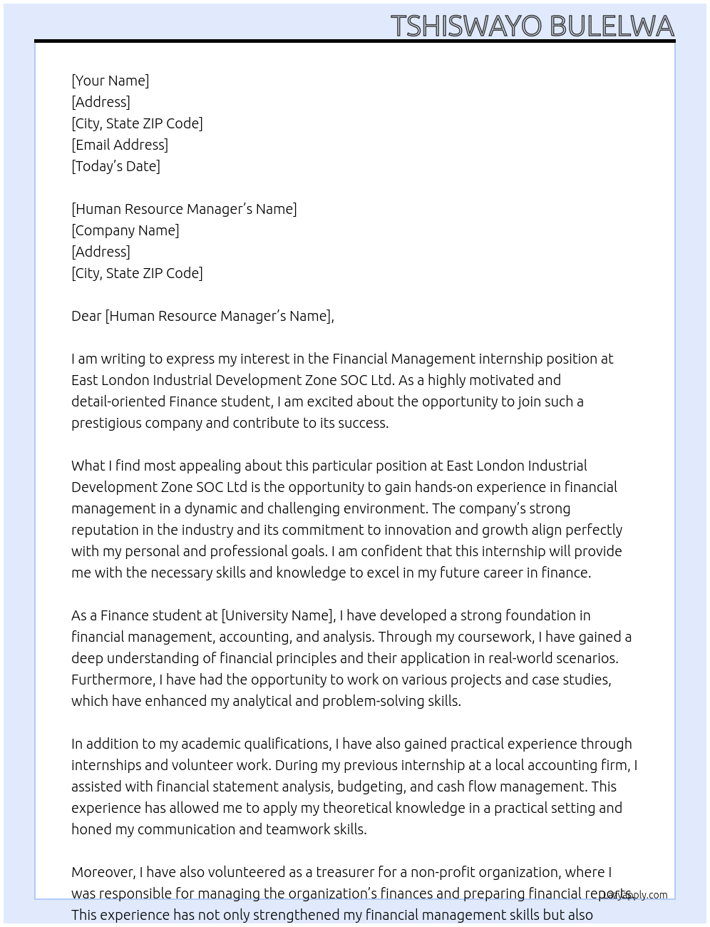  Financial Management internship At East London Industrial Development Zone SOC Ltd Cover Letter