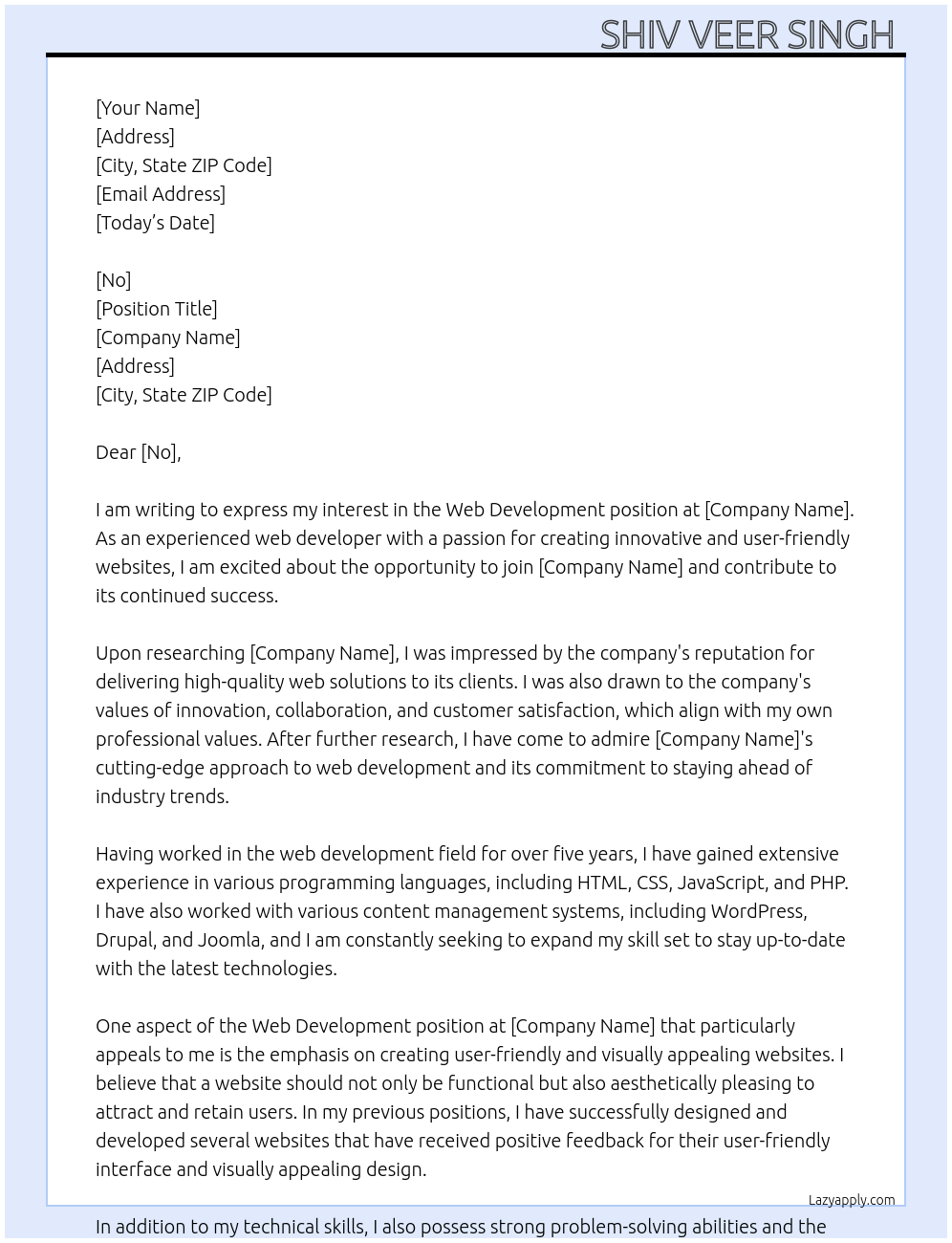 Web development At abnoq Cover Letter