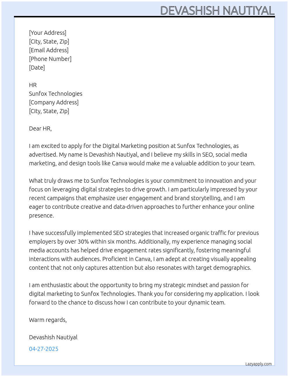 digital marketing At sunfox technologies Cover Letter