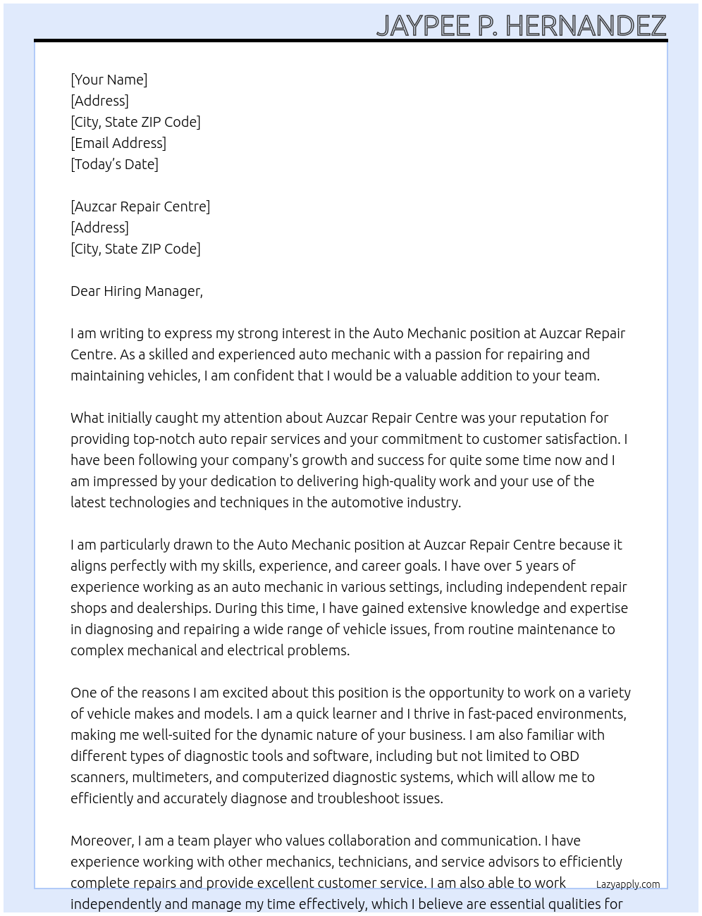 Auto Mechanic At AUZCAR REPAIR CENTRE Cover Letter