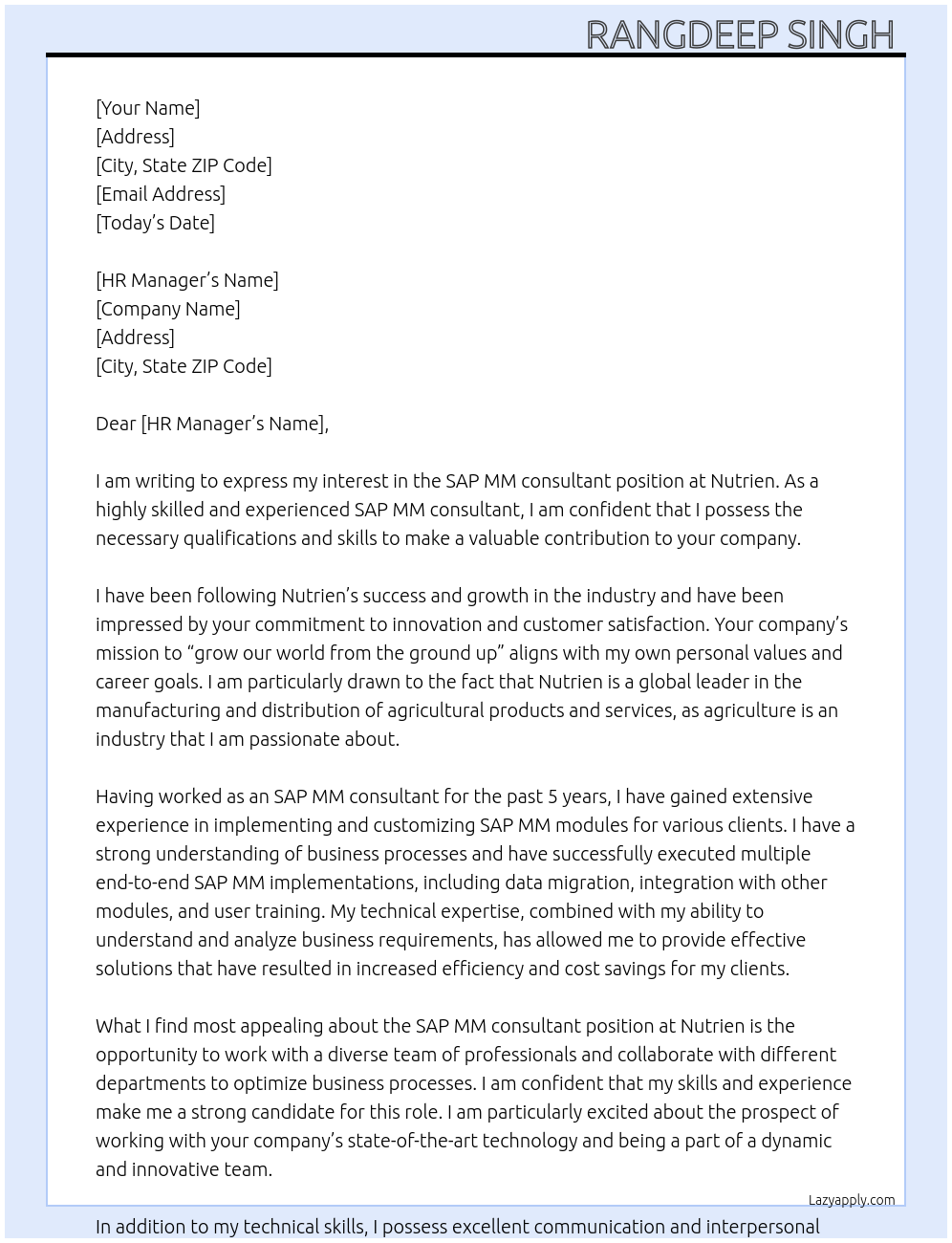 SAP MM consultant At Nutrien Cover Letter
