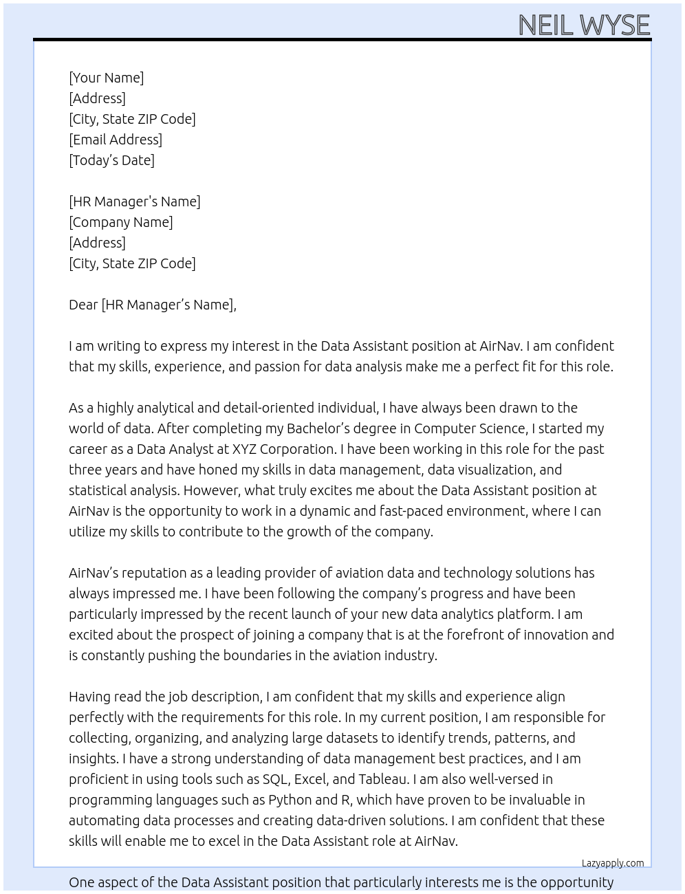 Data assistant At AirNav Cover Letter