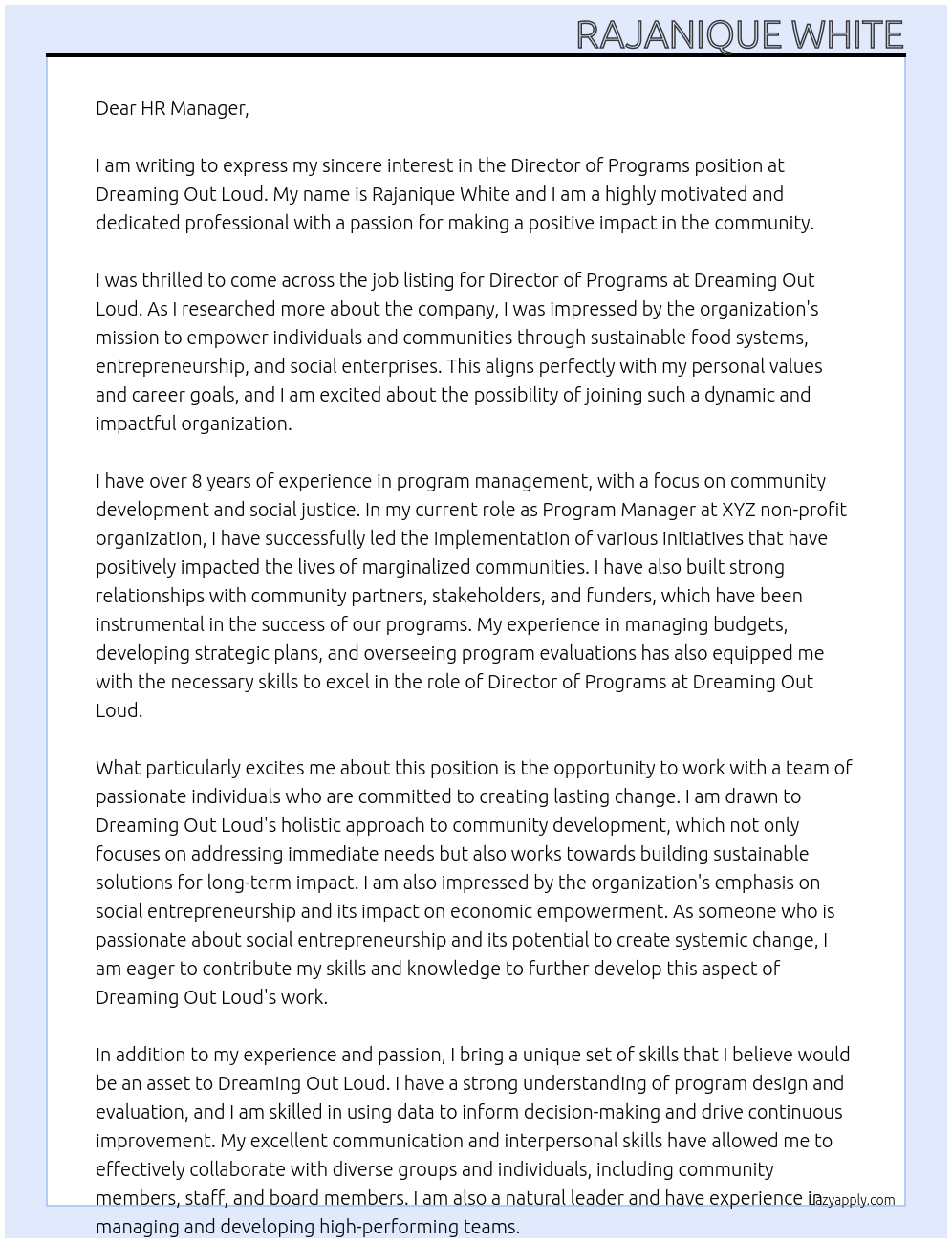 Director of Programs At Dreaming Out Loud Cover Letter