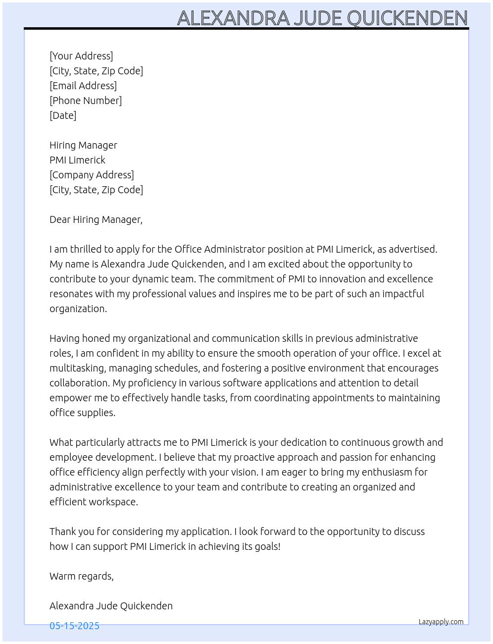 Office Administrator At PMI Limerick Cover Letter
