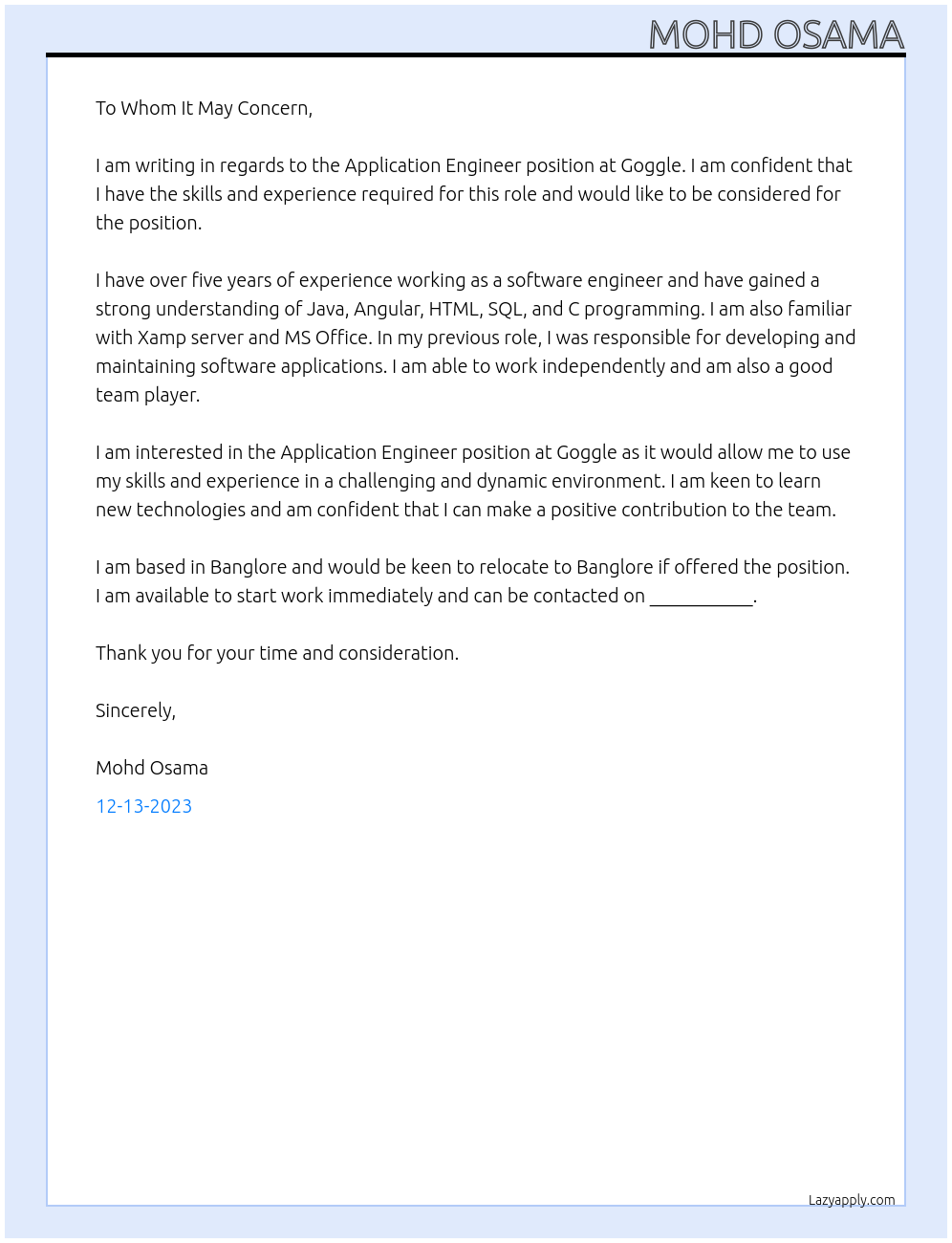 Application Engineer At Goggle Cover Letter