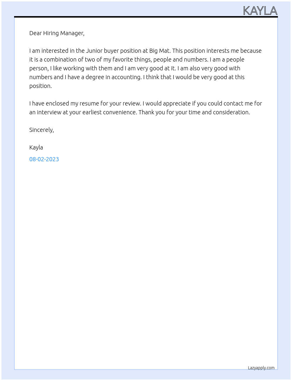 Junior buyer At Big Mat Cover Letter