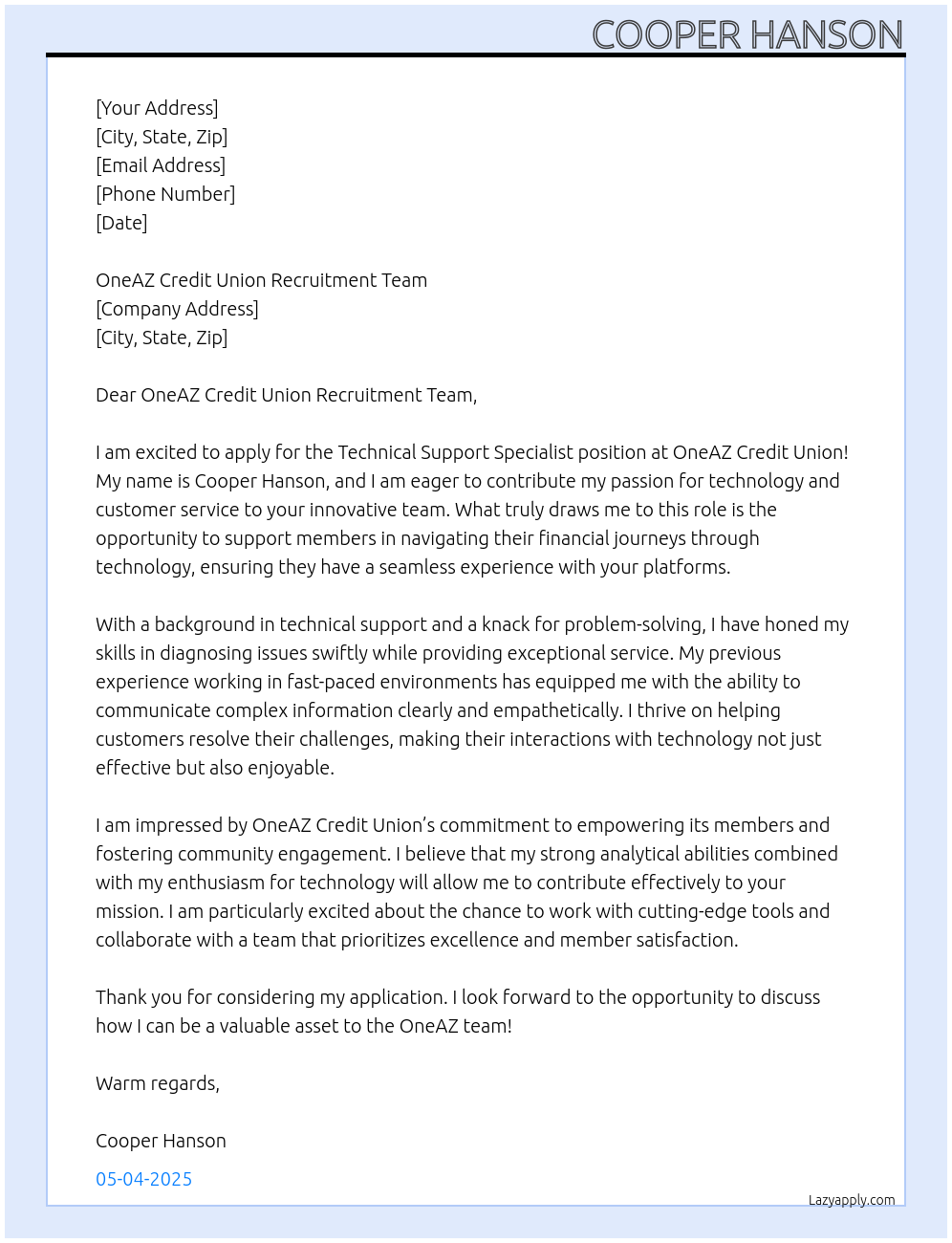 Technical Support Specialist At OneAZ Credit Union Cover Letter