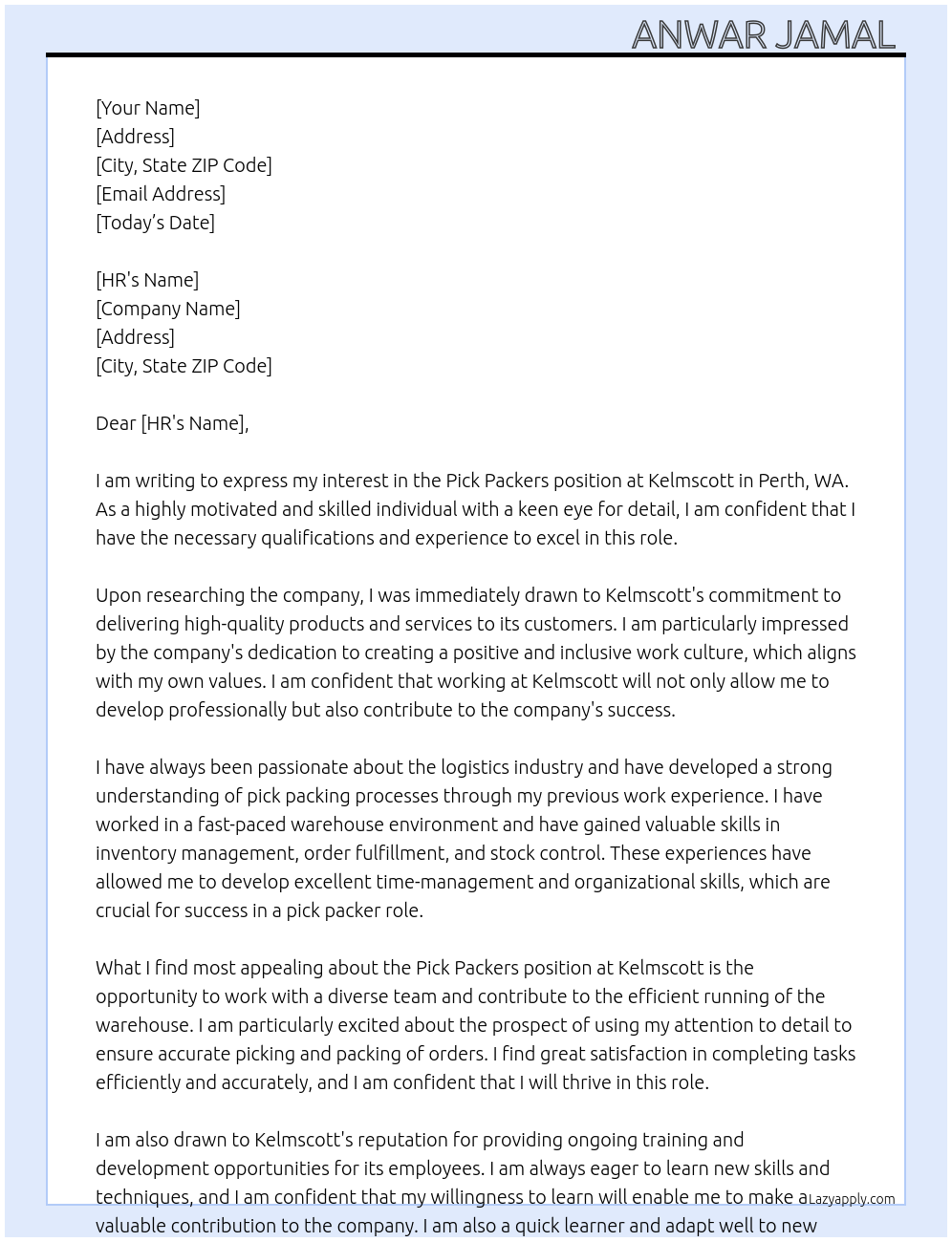 Pick packers At Kelmscott, Perth WA Cover Letter