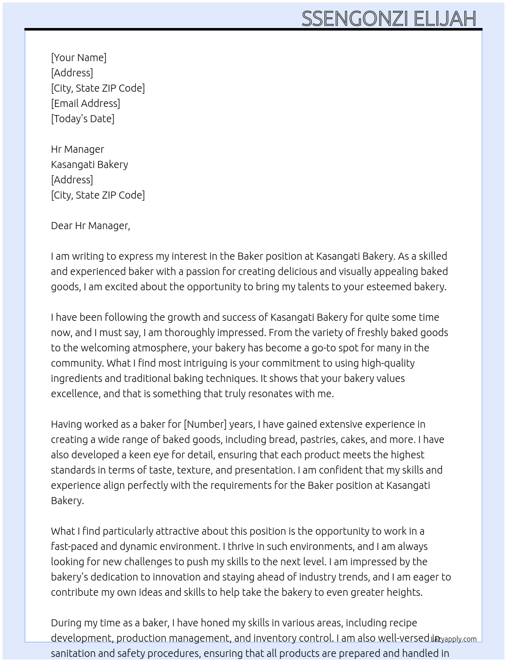 baker At Kasangati Bakery Cover Letter