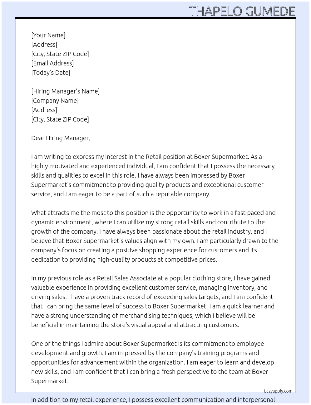 retail At Boxer supermarket Cover Letter