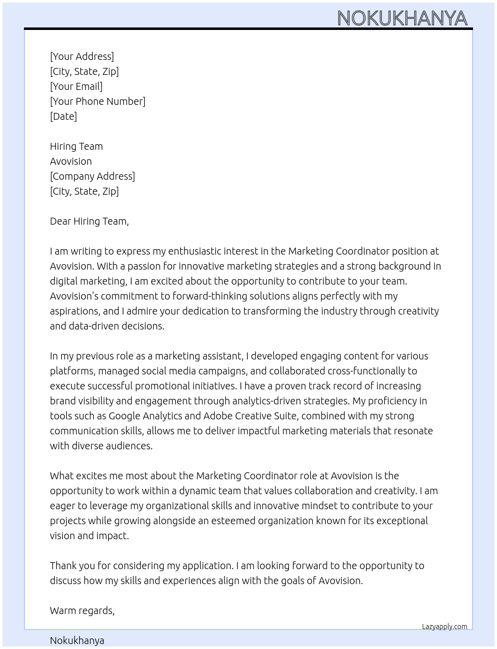 Marketing Coordinator At Avovision Cover Letter