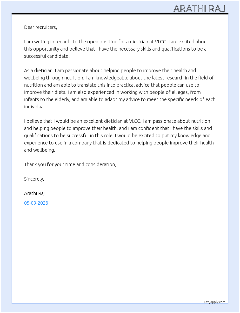 Dietician  At Vlcc Cover Letter