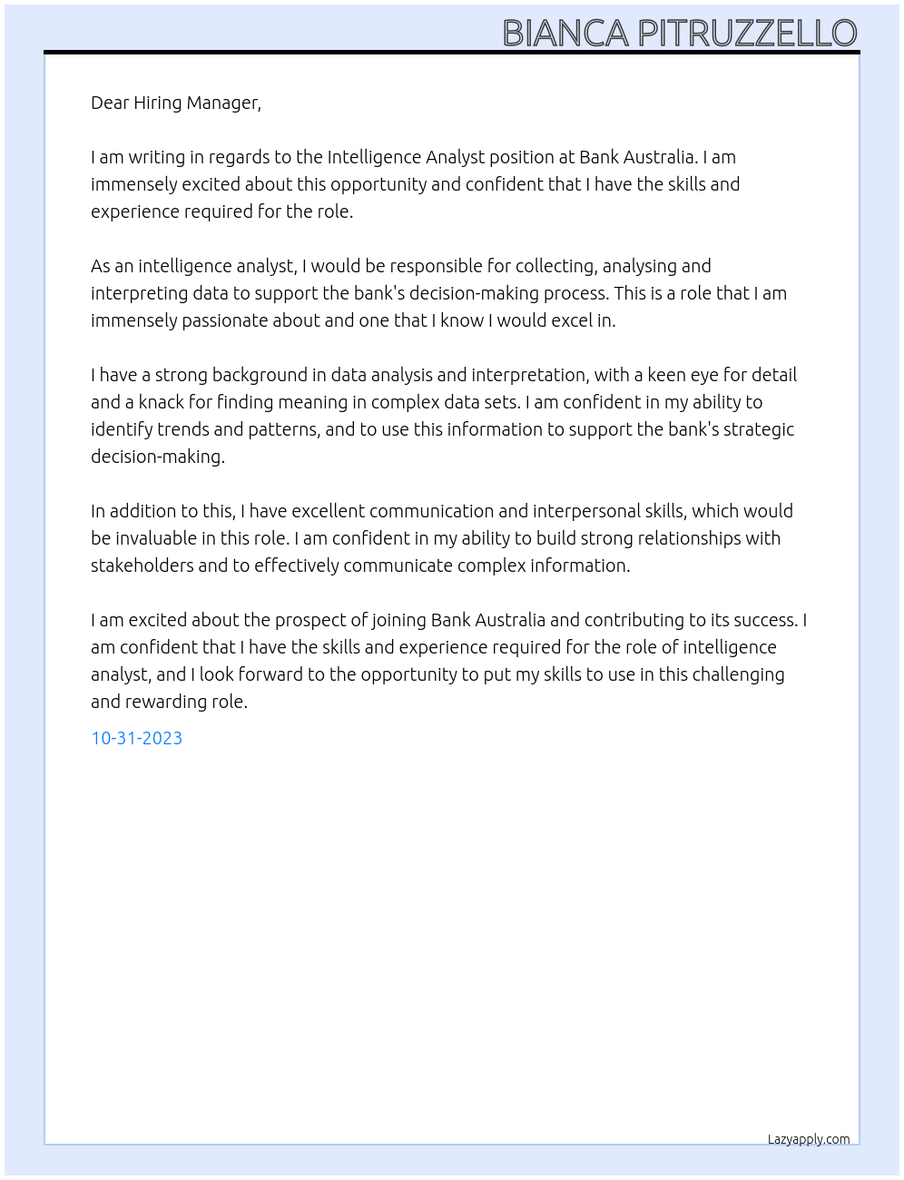 Intelligence Analyst At Bank Australia Cover Letter