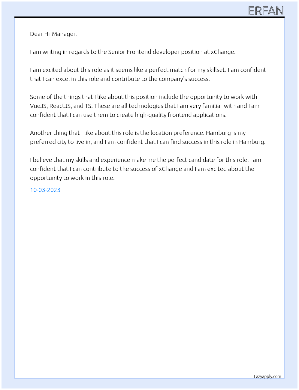 Senior Frontend developer At xChange Cover Letter