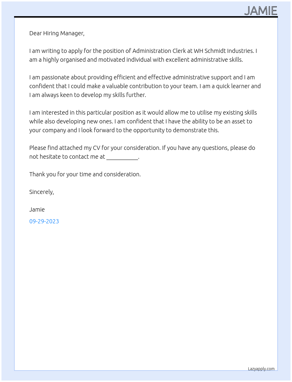 Administration clerk At WH Schmidt Industries Cover Letter