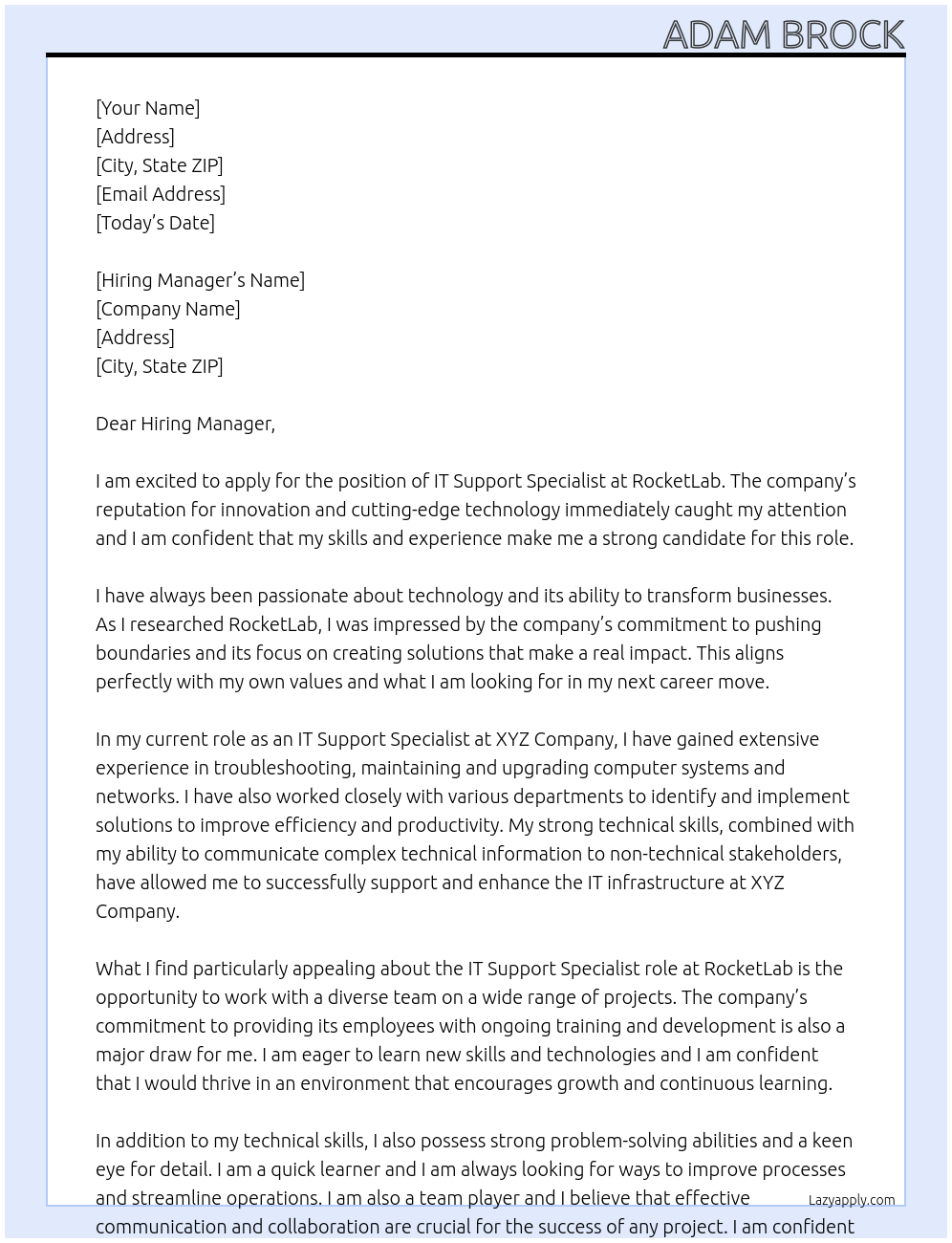 IT Support Specialist At RocketLab Cover Letter