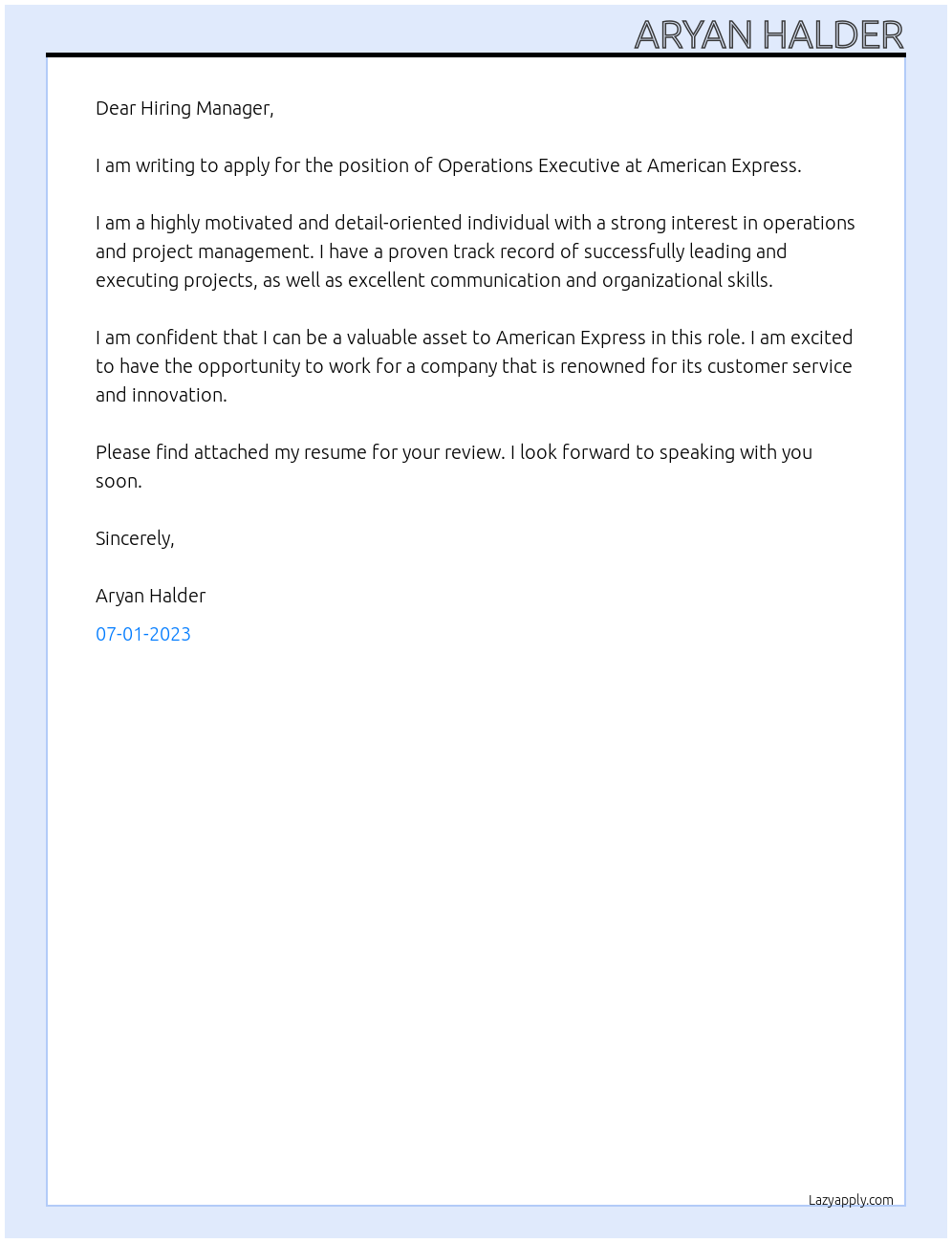 Operations Executive At American Express Cover Letter