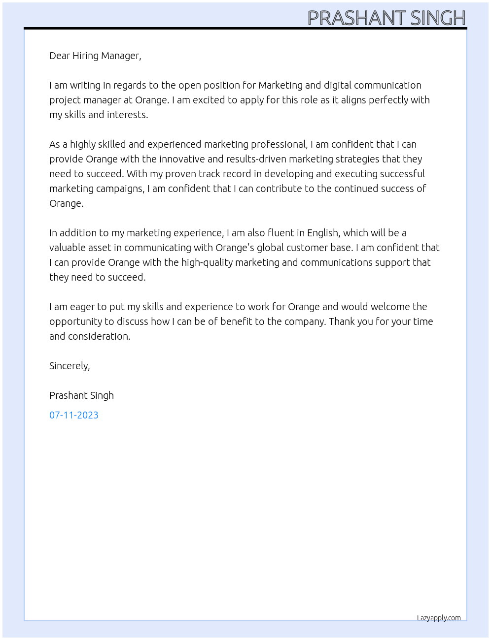 Marketing and digital communication project manager At orange Cover Letter