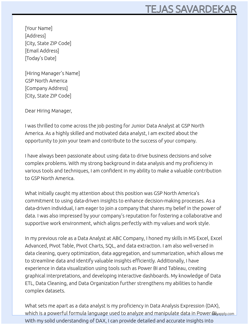 Junior Data Analyst At GSP North America Cover Letter